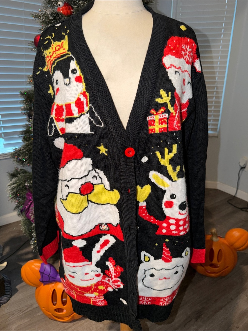 Women's Black Knit Cardigan with Red Cuff Detail